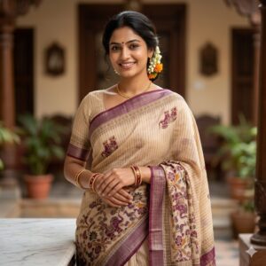 Traditional Cream & Wine Silk-Cotton Saree