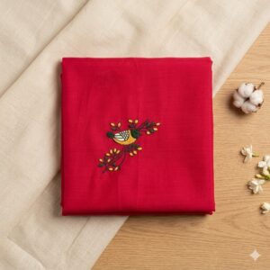 Raw Silk Blouse Piece with Hand-Embroidered Bird Motif
